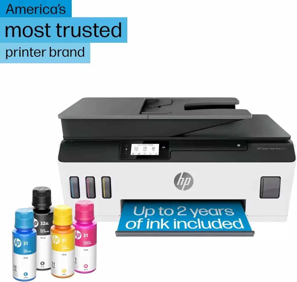 Setup guide for HP Smart Tank Plus 651 Wireless Printer, featuring 2 years of ink; perfect for educators and schools seeking efficient printing solutions.