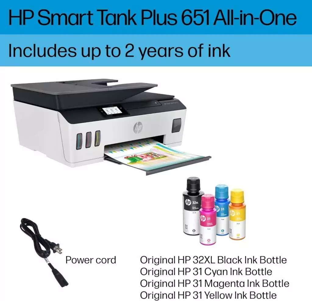 HP Smart Tank Plus 651 Wireless Printer: Ideal for educators and schools. Includes a 2-year ink supply and a comprehensive setup guide for easy installation.