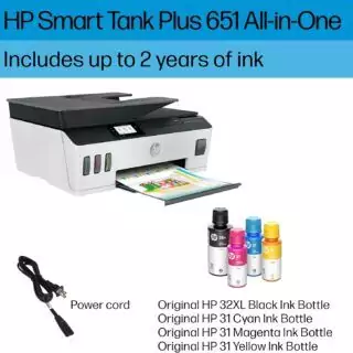 HP Smart Tank Plus 651 Wireless Printer: Ideal for educators and schools. Includes a 2-year ink supply and a comprehensive setup guide for easy installation.