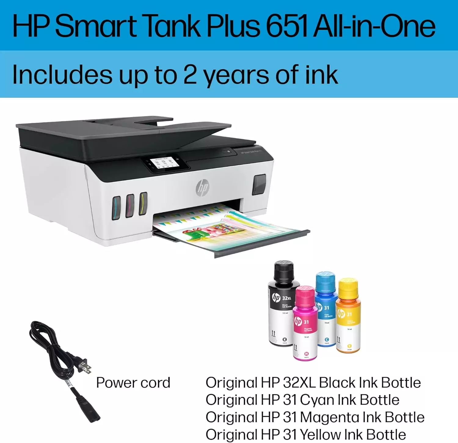 HP Smart Tank Plus 651 Wireless Printer: Ideal for educators and schools. Includes a 2-year ink supply and a comprehensive setup guide for easy installation.
