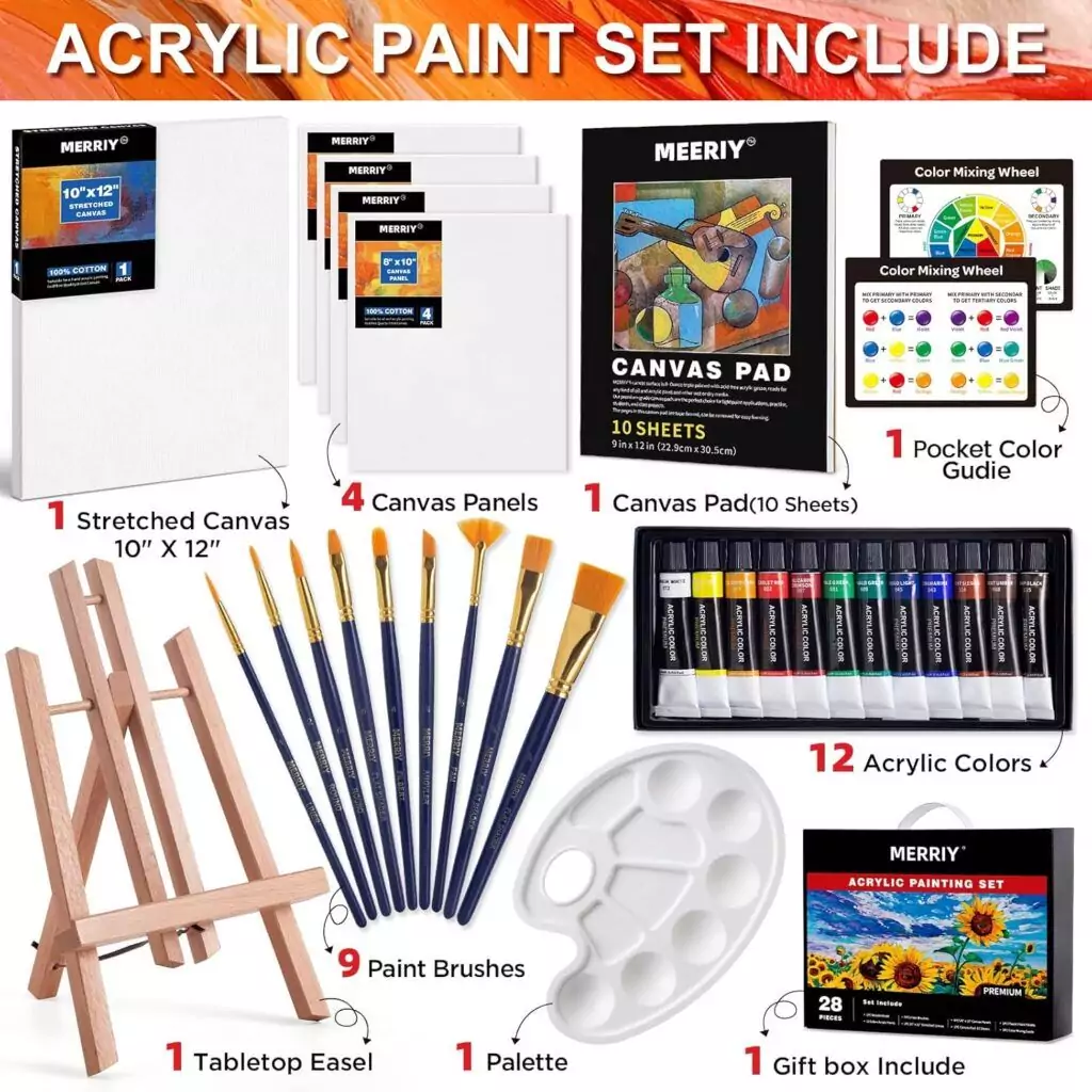 Kids Acrylic Paint Set: Complete Canvas Kit with Easel and 12 Vivid Colors for Young Artists to Explore Playful and Creative Expressions.
