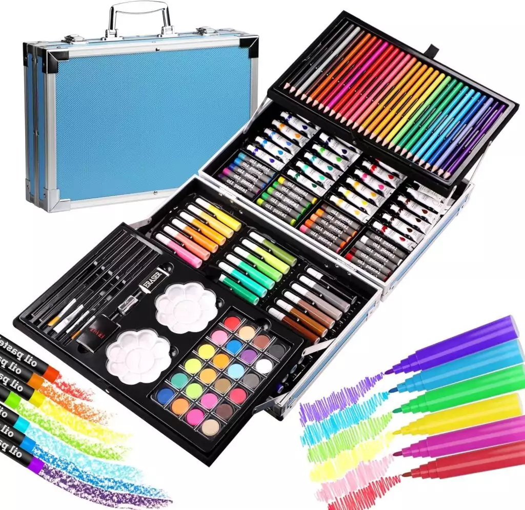 Explore creativity with a 144-piece kids art set, complete with a portable aluminum case, perfect for educators and creative sessions.