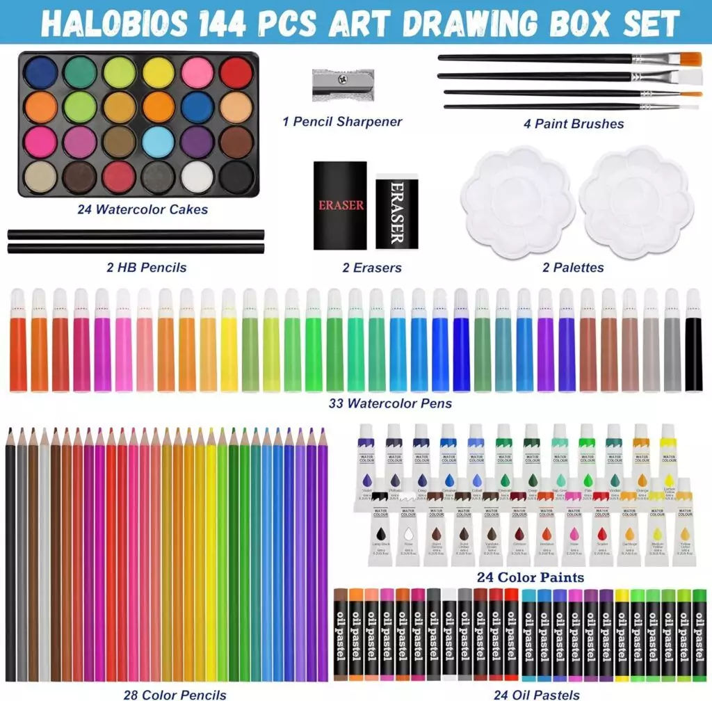 Comprehensive 144-piece kids art supplies set in a portable aluminum case, ideal for educators and art classrooms, offering diverse creative tools.