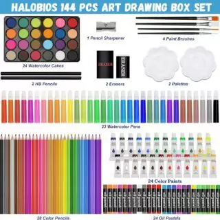 Comprehensive 144-piece kids art supplies set in a portable aluminum case, ideal for educators and art classrooms, offering diverse creative tools.