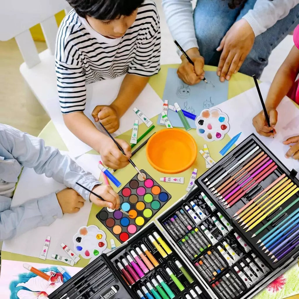 Deluxe 144-piece kids art set with portable aluminum case for creative classroom use. Ideal for educators seeking quality children's art supplies.
