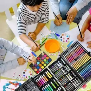 Deluxe 144-piece kids art set with portable aluminum case for creative classroom use. Ideal for educators seeking quality children's art supplies.