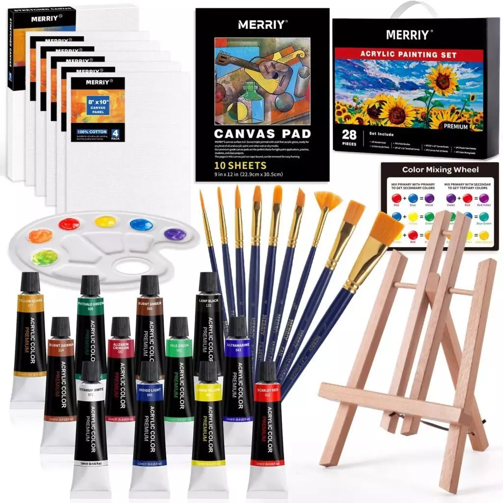 Complete Kids Art Supplies Set: Acrylic Paints, Canvas, and Easel with 12 Vibrant Colors for Young Artists' Creative Studio Projects.