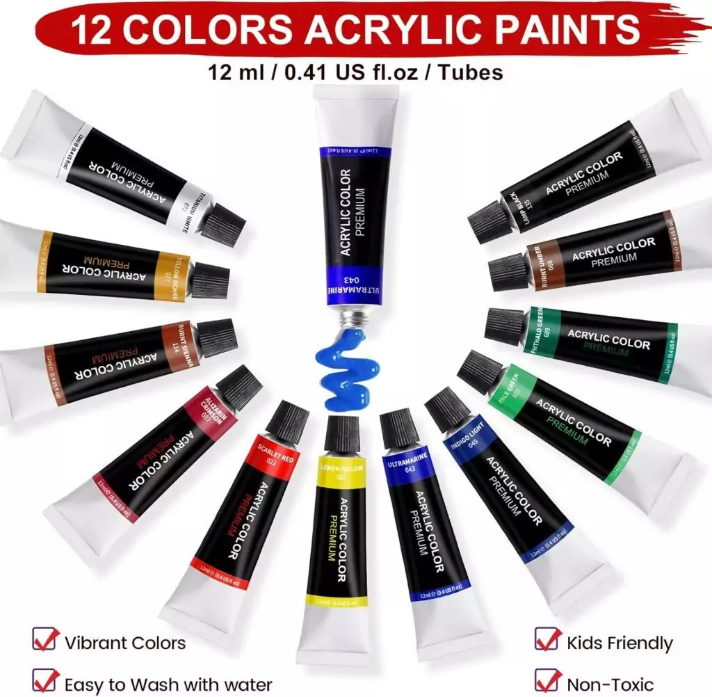 Acrylic Paint Set and Canvas Kit for Kids: Includes 12 Vibrant Colors and Easel, Perfect for Young Artists and Creative Artwork Sessions