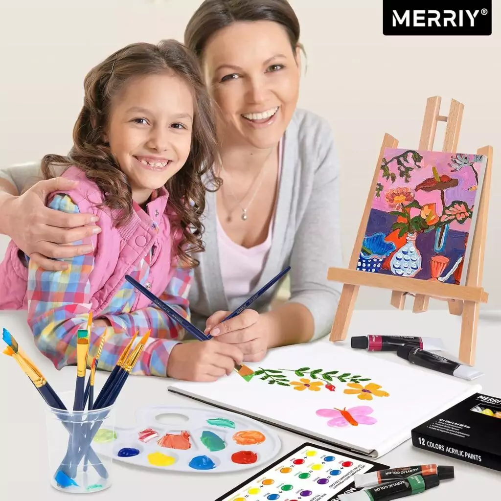 Acrylic paint set for kids featuring 12 vibrant colors, canvas, and easel, perfect for young artists' creative learning and artistic expression.