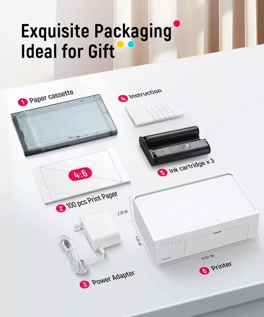 Liene 4x6 Portable Photo Printer delivers vibrant full-color prints with 100 sheets and 3 cartridges, perfect for classroom educators.