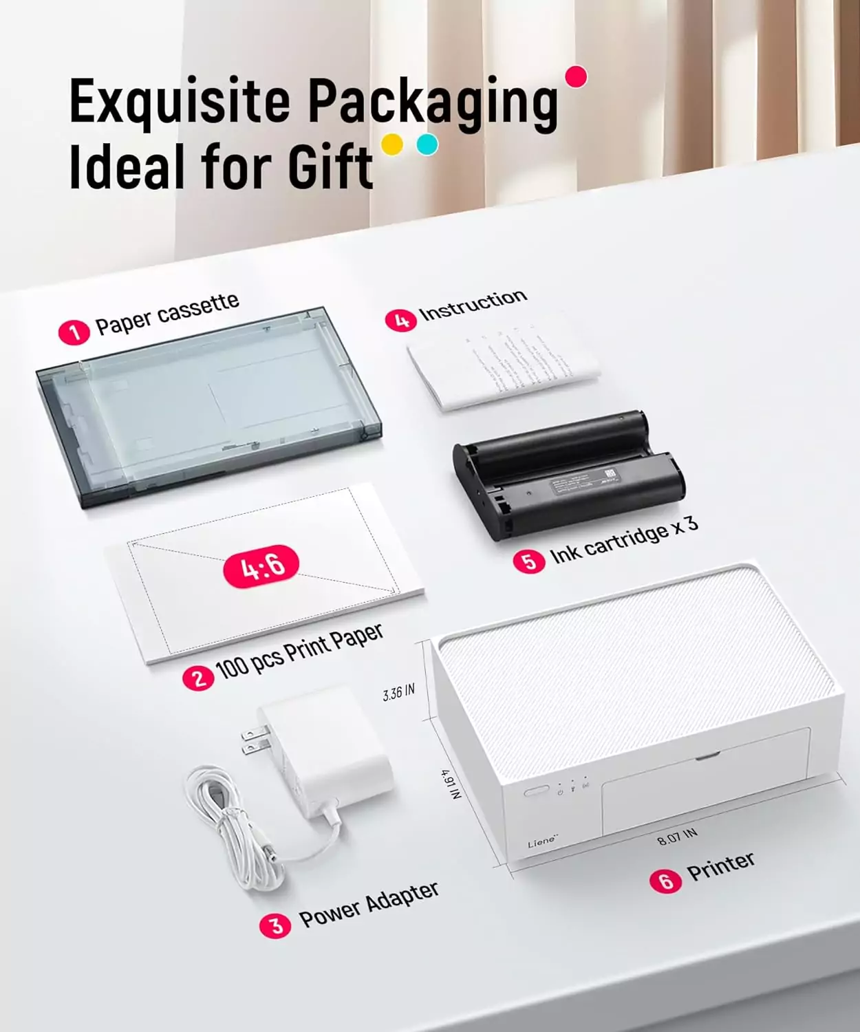 Liene 4x6 Portable Photo Printer delivers vibrant full-color prints with 100 sheets and 3 cartridges, perfect for classroom educators.