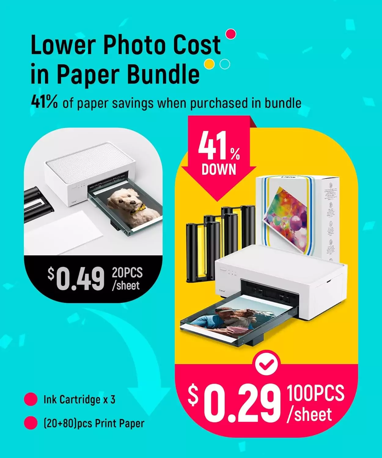 Compact Liene Photo Printer offers 4x6 vibrant color prints with 100 sheets and 3 cartridges, perfect for educators and creative classrooms.