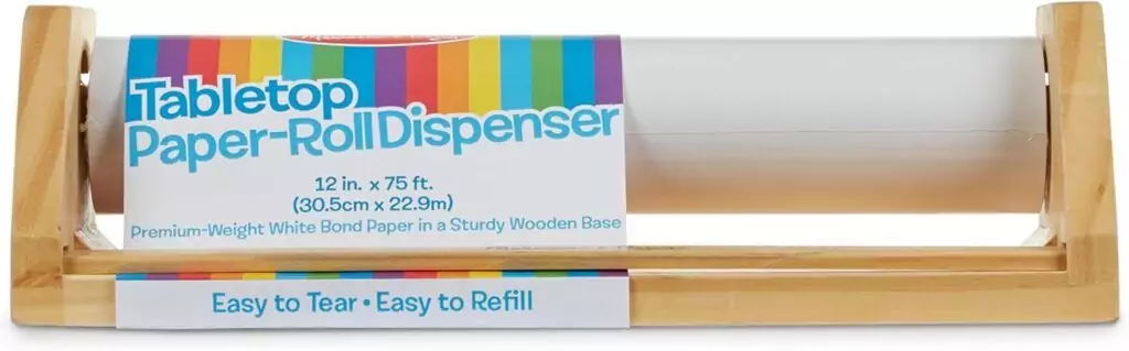 Melissa Doug Paper Roll Dispenser perfect for kids' art projects and creative classroom activities using white bond paper. Ideal for arts and crafts.