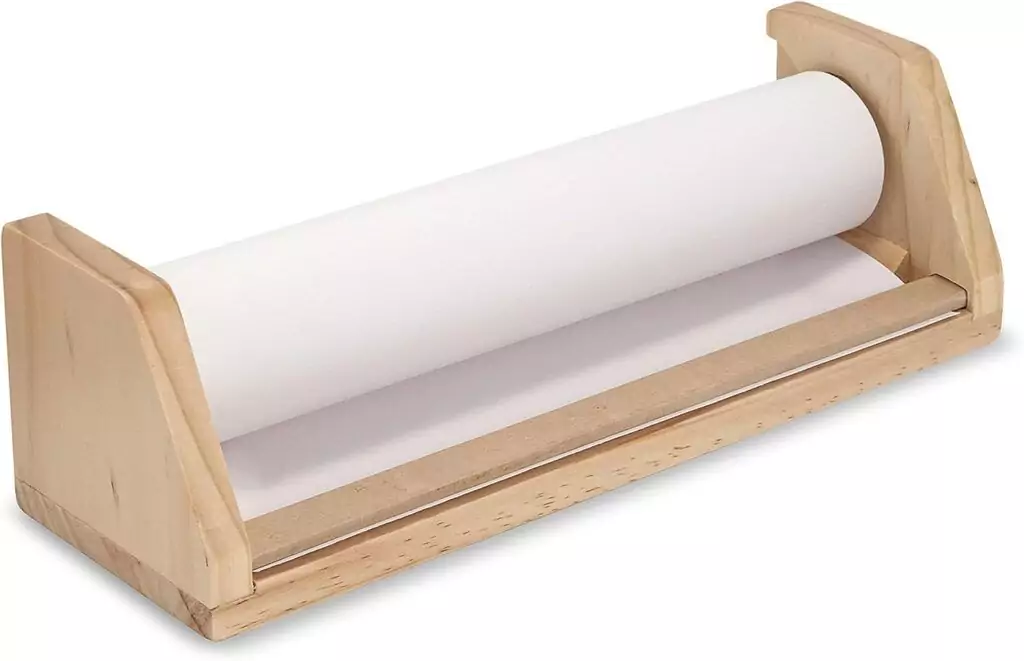 Melissa Doug's paper roll dispenser offers a unique design, perfect for kids' art projects in the classroom, with durable white bond paper.