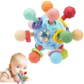 Montessori sensory teething toys for infants 0-18 months. Safe, engaging learning tools featuring a wooden rainbow design to enhance development.
