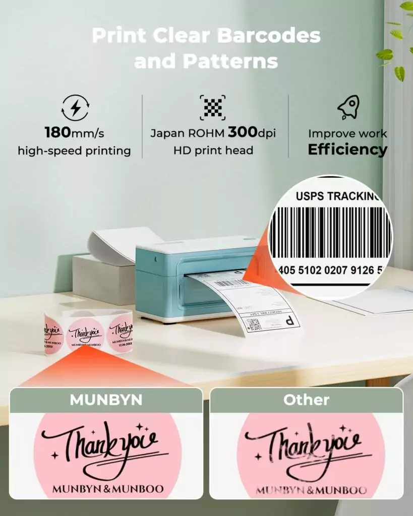 Munbyn 4x6 Thermal Label Printer: High-resolution 300dpi, ideal for small businesses, educators, and home office setups with wireless Bluetooth connectivity.
