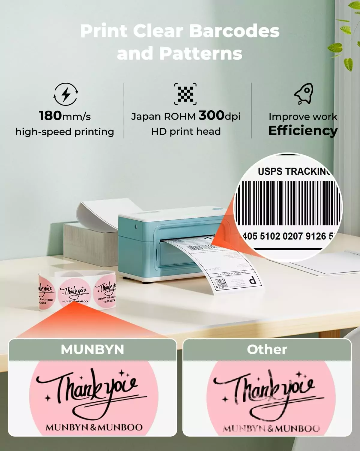 Munbyn 4x6 Thermal Label Printer: High-resolution 300dpi, ideal for small businesses, educators, and home office setups with wireless Bluetooth connectivity.