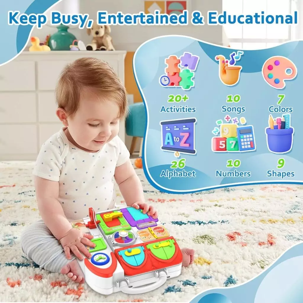 Enhance toddler playtime with the Musical Montessori Busy Board, designed to promote engaging learning and developmental skills through interactive play.