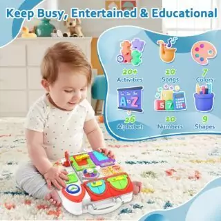 Enhance toddler playtime with the Musical Montessori Busy Board, designed to promote engaging learning and developmental skills through interactive play.