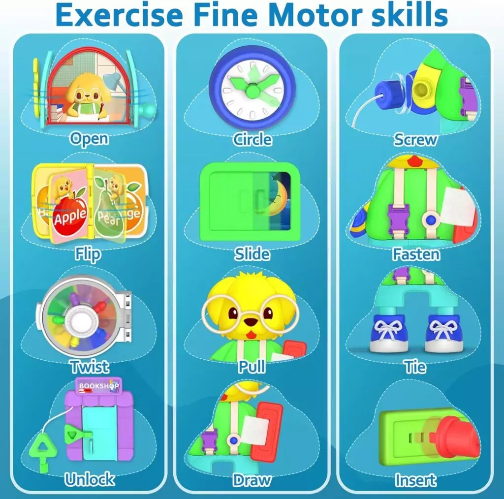 Montessori-inspired musical busy board for toddlers aged 1-2. Promotes learning and development through engaging activities and sensory exploration.