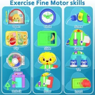 Montessori-inspired musical busy board for toddlers aged 1-2. Promotes learning and development through engaging activities and sensory exploration.