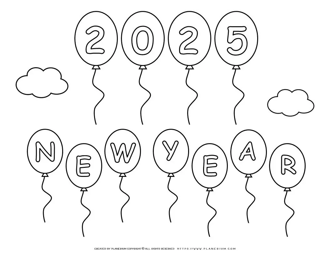 2025 New Year balloons coloring page.