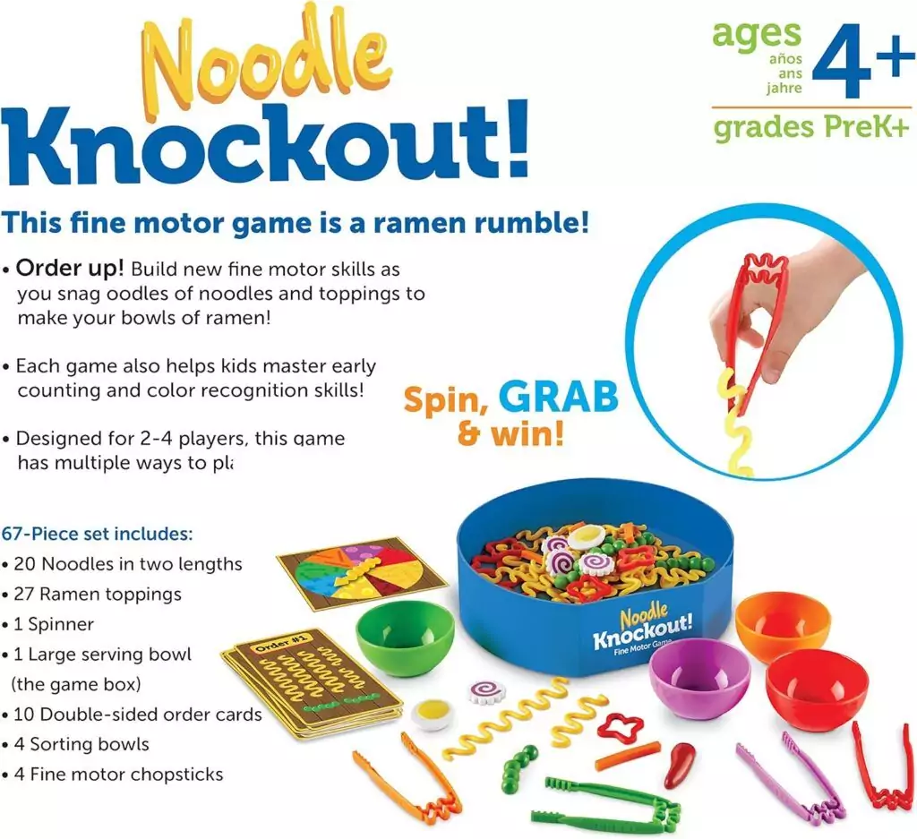 Boost fine motor skills with the Noodle Knockout 67-piece game for ages 4+. Engaging activities enhance child development through play.