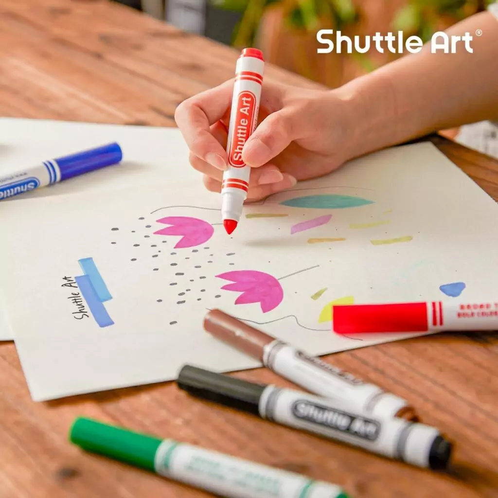 Explore creativity with the Shuttle Art 304 Pack Kids Washable Broad Line Markers, featuring 38 vibrant conical tip colors perfect for creative learning activities.