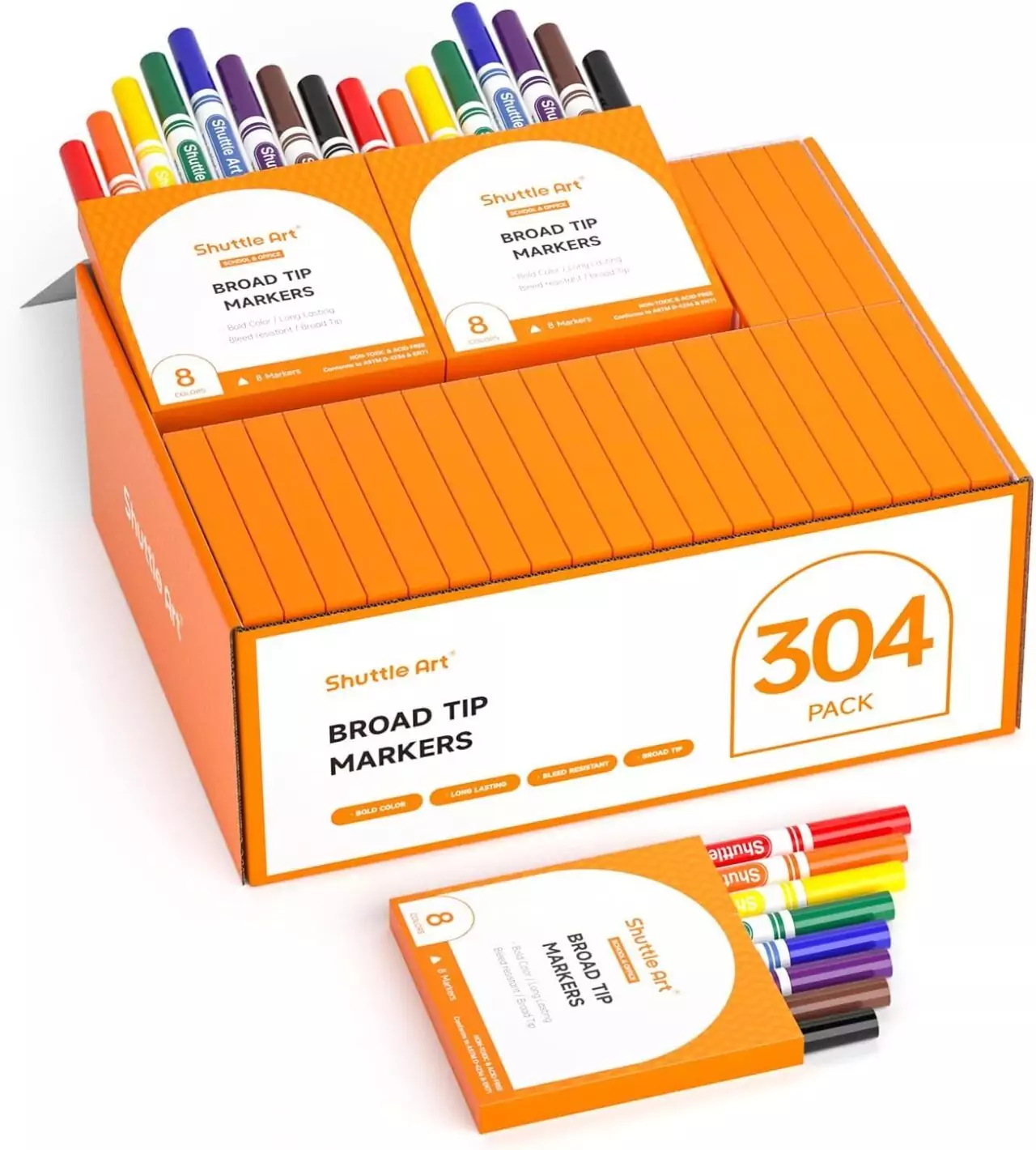 Shuttle Art's 304-pack features kids' washable broad line markers with 38 conical tip colors, perfect for creative learning and vibrant artwork.