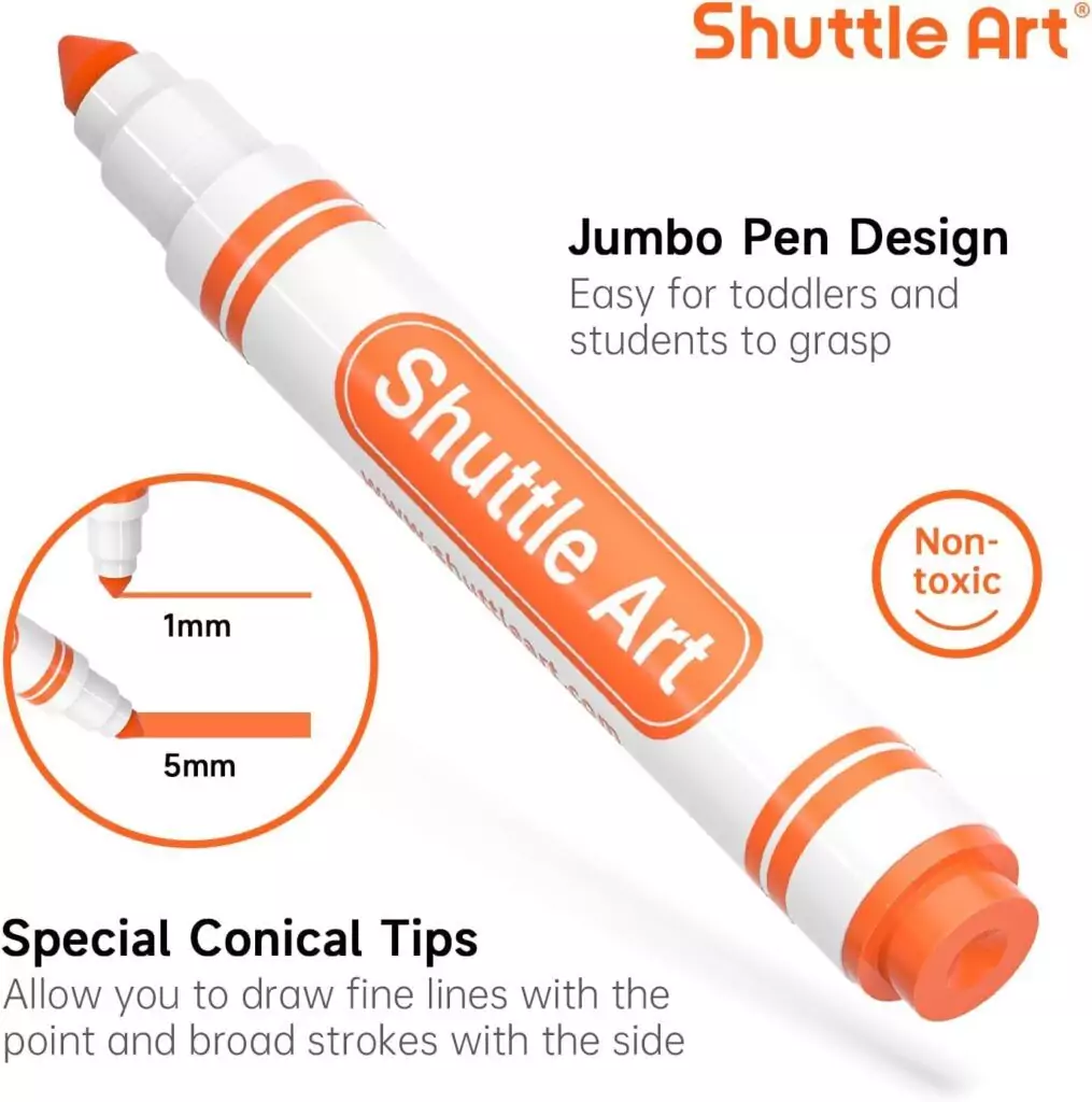 Enhance creative learning with Shuttle Art's 304 Pack of Washable Broad Line Markers. Includes 38 vivid conical tip colors, perfect for kids' art projects.