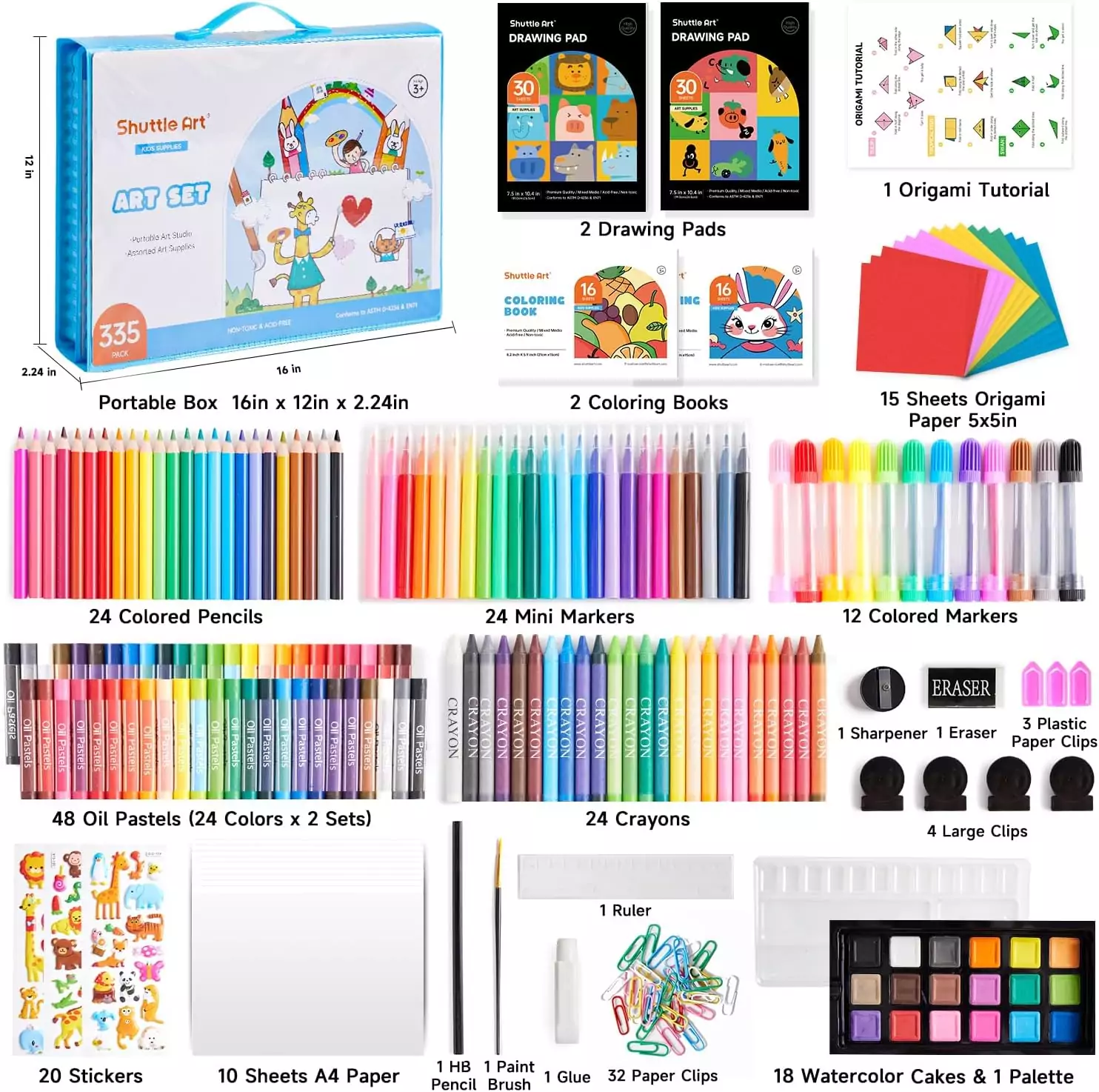 Comprehensive 335-piece kids art set with multimedia craft supplies, ideal for homeschool creative learning and art projects. Perfect for young artists.