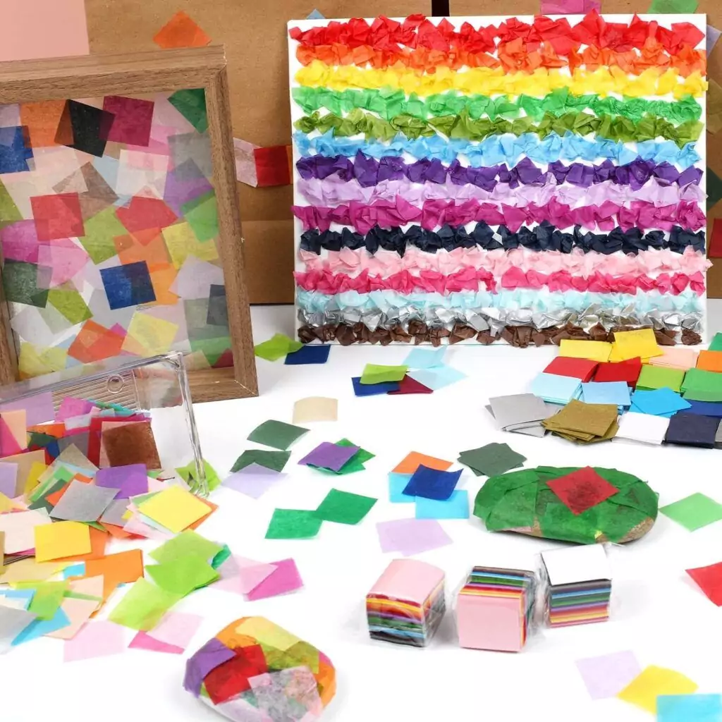 Simetufy 5400 tissue paper squares in 1-inch size, available in 36 vibrant colors, ideal for classroom craft projects and creative arts.