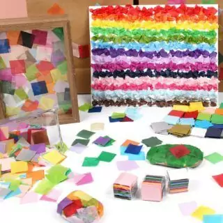 Simetufy 5400 tissue paper squares in 1-inch size, available in 36 vibrant colors, ideal for classroom craft projects and creative arts.