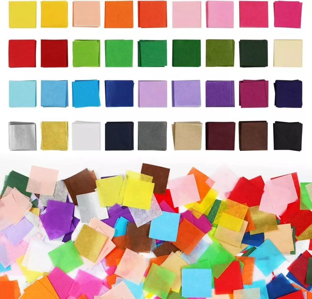 Simetufy 5400 Tissue Paper Squares: 1-Inch, 36 Vibrant Colors Ideal for Classroom Crafts, Colorful Art Projects, and Creative School Supplies.