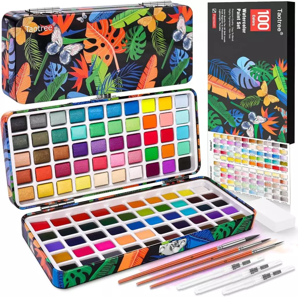 Enhance creativity with the Taotree 100 Colors Watercolor Paint Set. Perfect art supplies for kids, featuring a vibrant palette for creative learning.