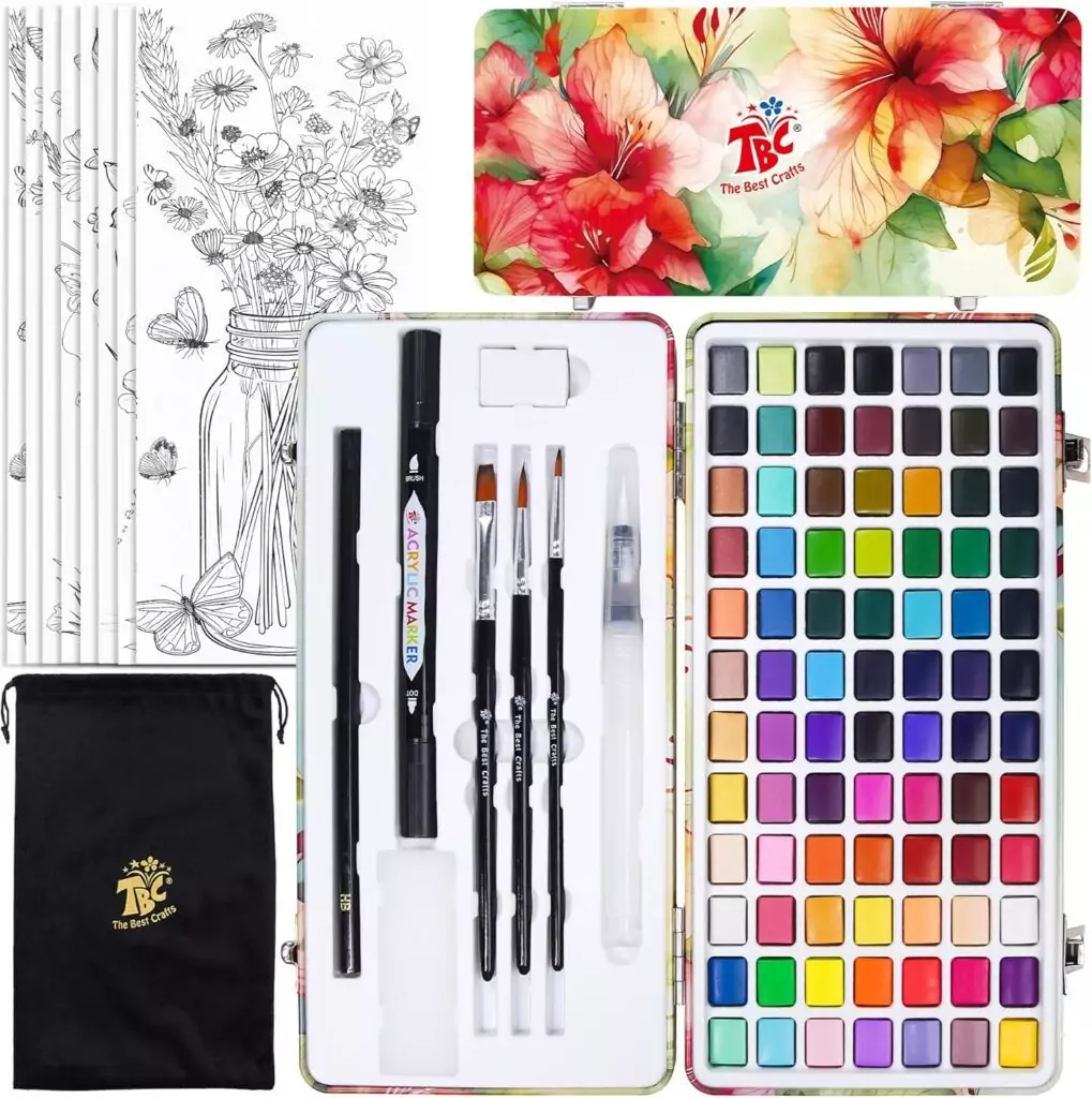 Discover the Tbc Best Crafts 84 Color Watercolor Set for kids, featuring 50 vibrant paints and 20 pearlescent metallic colors for creative fun.