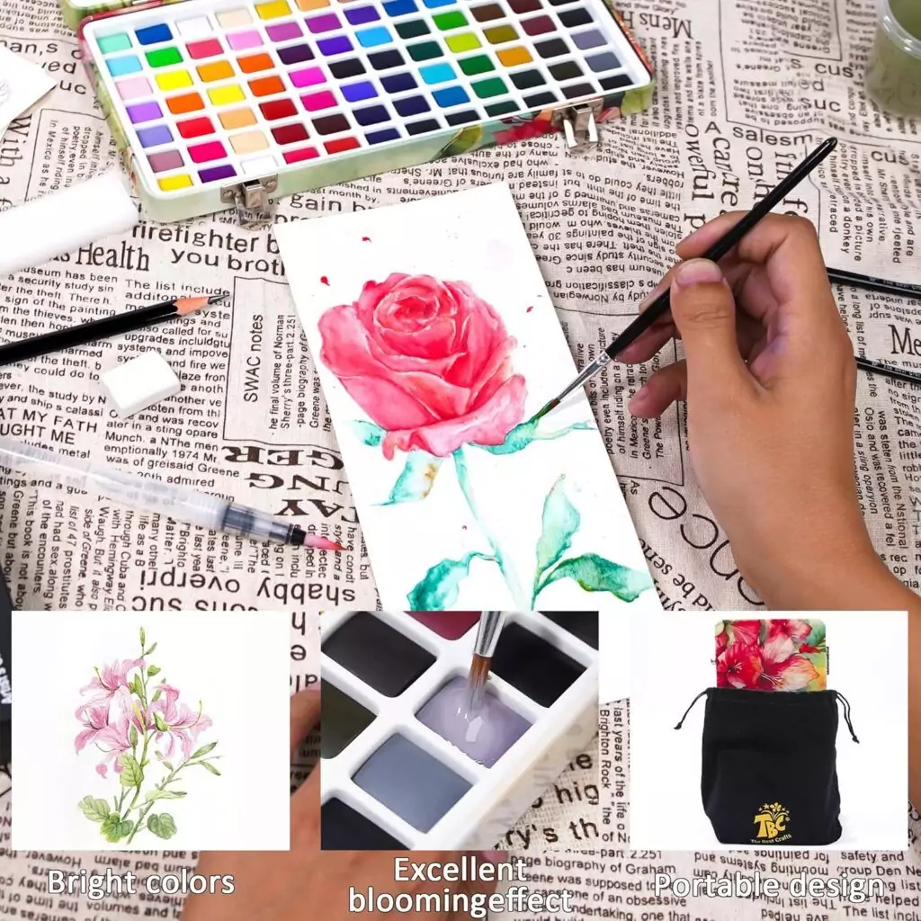 Explore creativity with Tbc Best Crafts 84 Color Watercolor Set for Kids, featuring 50 regular and 20 pearlescent metallic paints, perfect for artistic sessions.