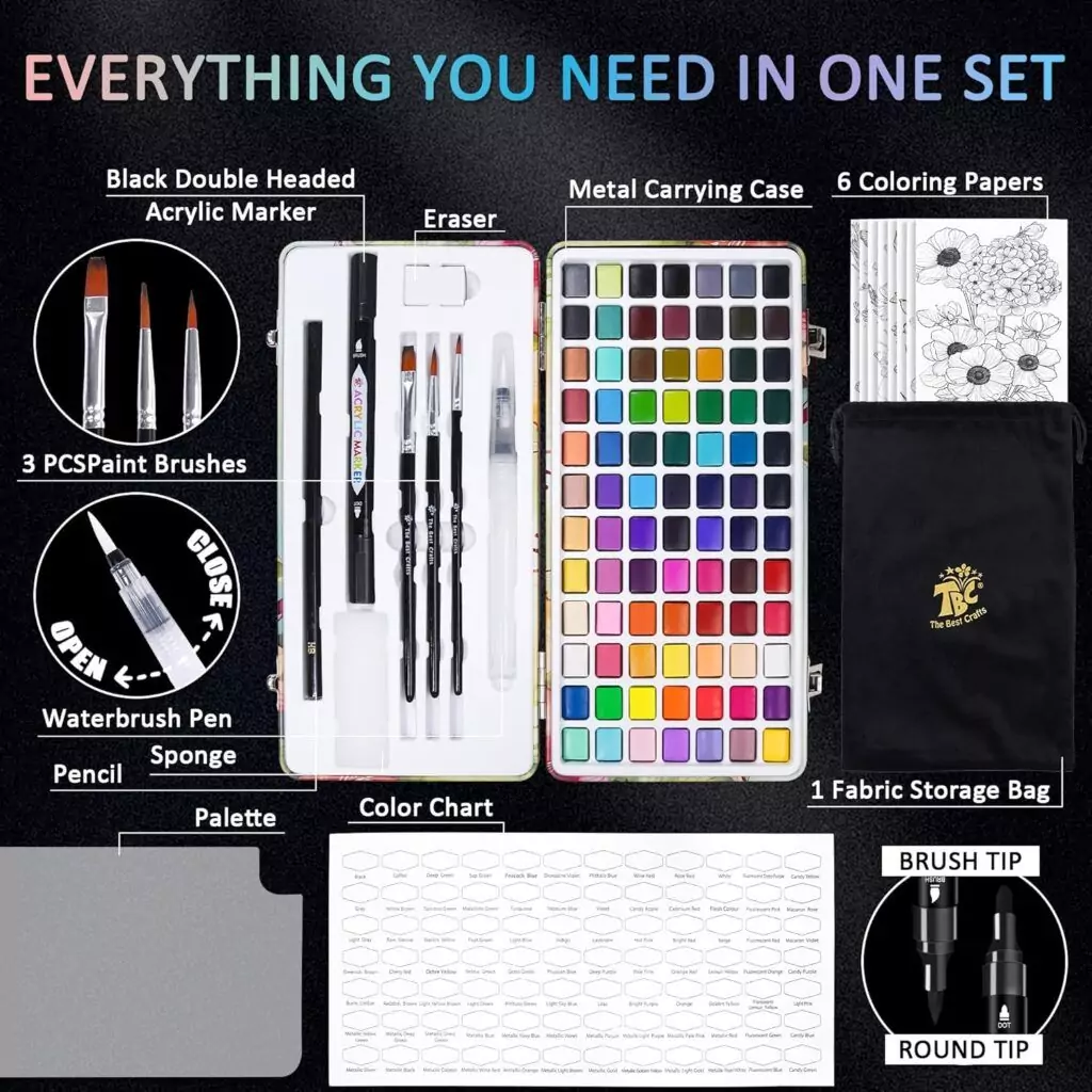 Tbc Crafts 84 Color Watercolor Set includes 50 regular and 20 pearlescent metallic paints, perfect for sparking creativity and fun in kids.