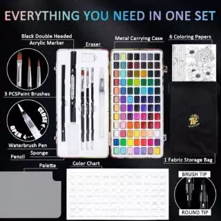 Tbc Crafts 84 Color Watercolor Set includes 50 regular and 20 pearlescent metallic paints, perfect for sparking creativity and fun in kids.