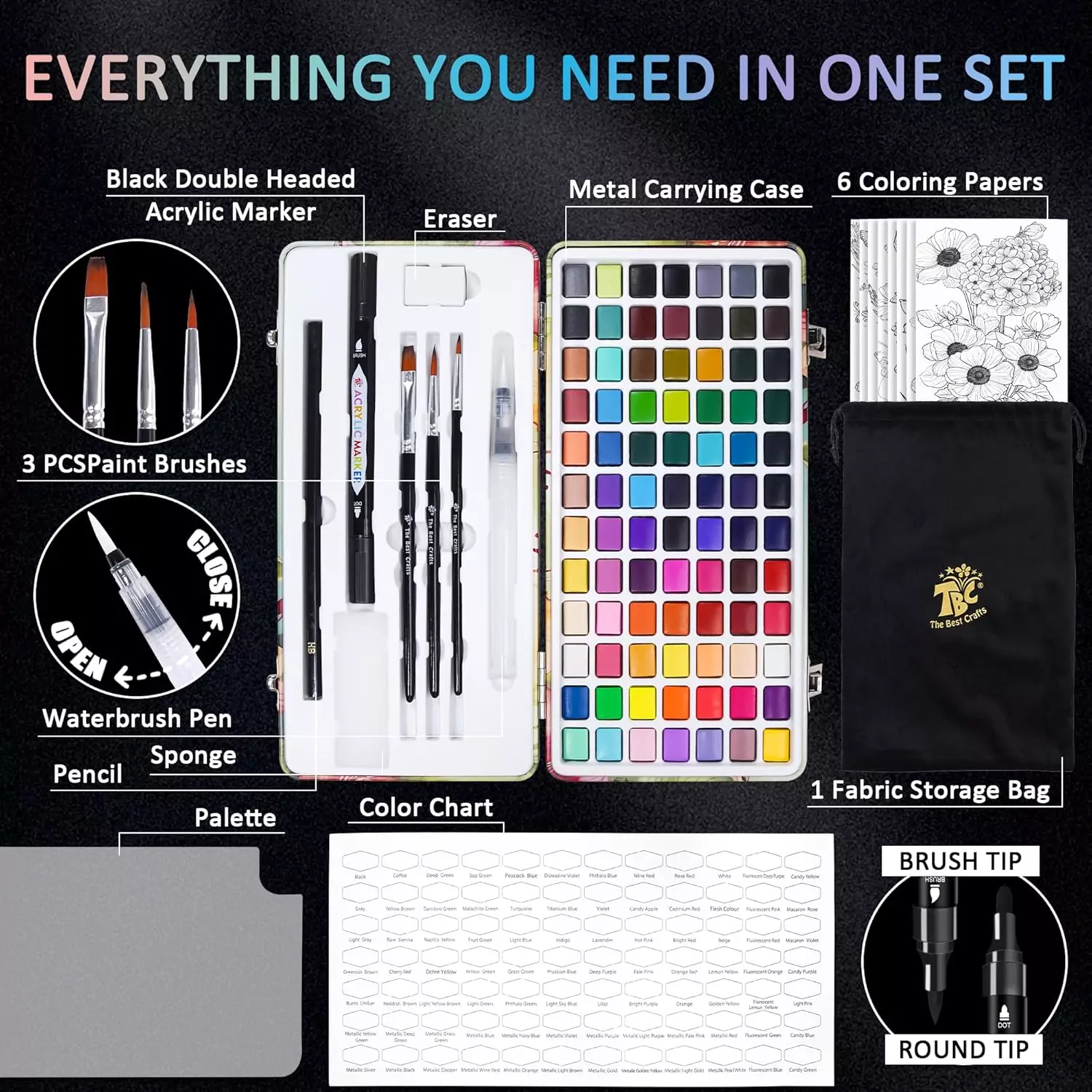 Tbc Crafts 84 Color Watercolor Set includes 50 regular and 20 pearlescent metallic paints, perfect for sparking creativity and fun in kids.