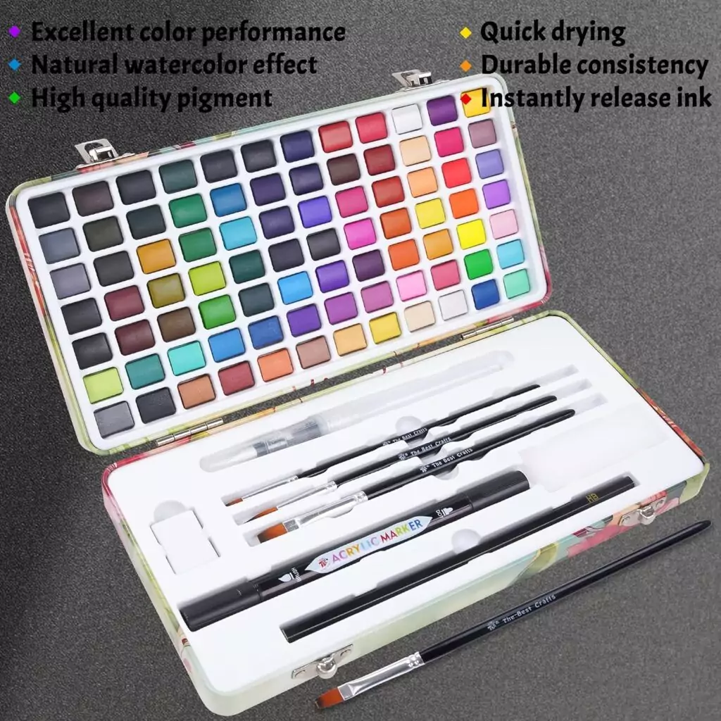 Tbc Crafts 84-Color Watercolor Set for Kids offers regular, pearlescent, and metallic paints, perfect for fostering creativity in young artists.