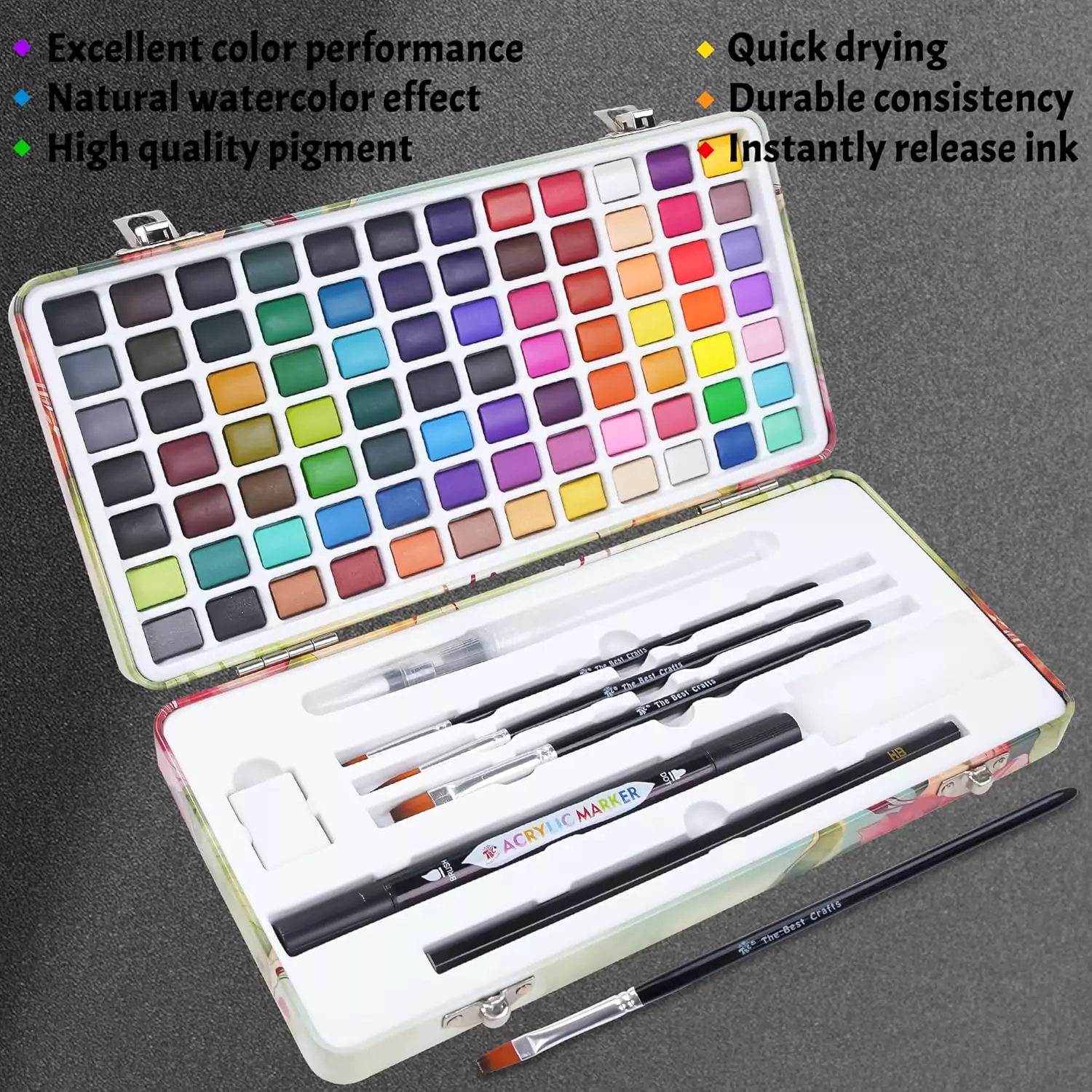 Tbc Crafts 84-Color Watercolor Set for Kids offers regular, pearlescent, and metallic paints, perfect for fostering creativity in young artists.