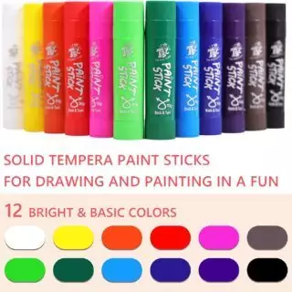 Washable non-toxic Tempera paint sticks in 12 classic colors, perfect for classroom activities and kids art projects. Safe and easy to use.