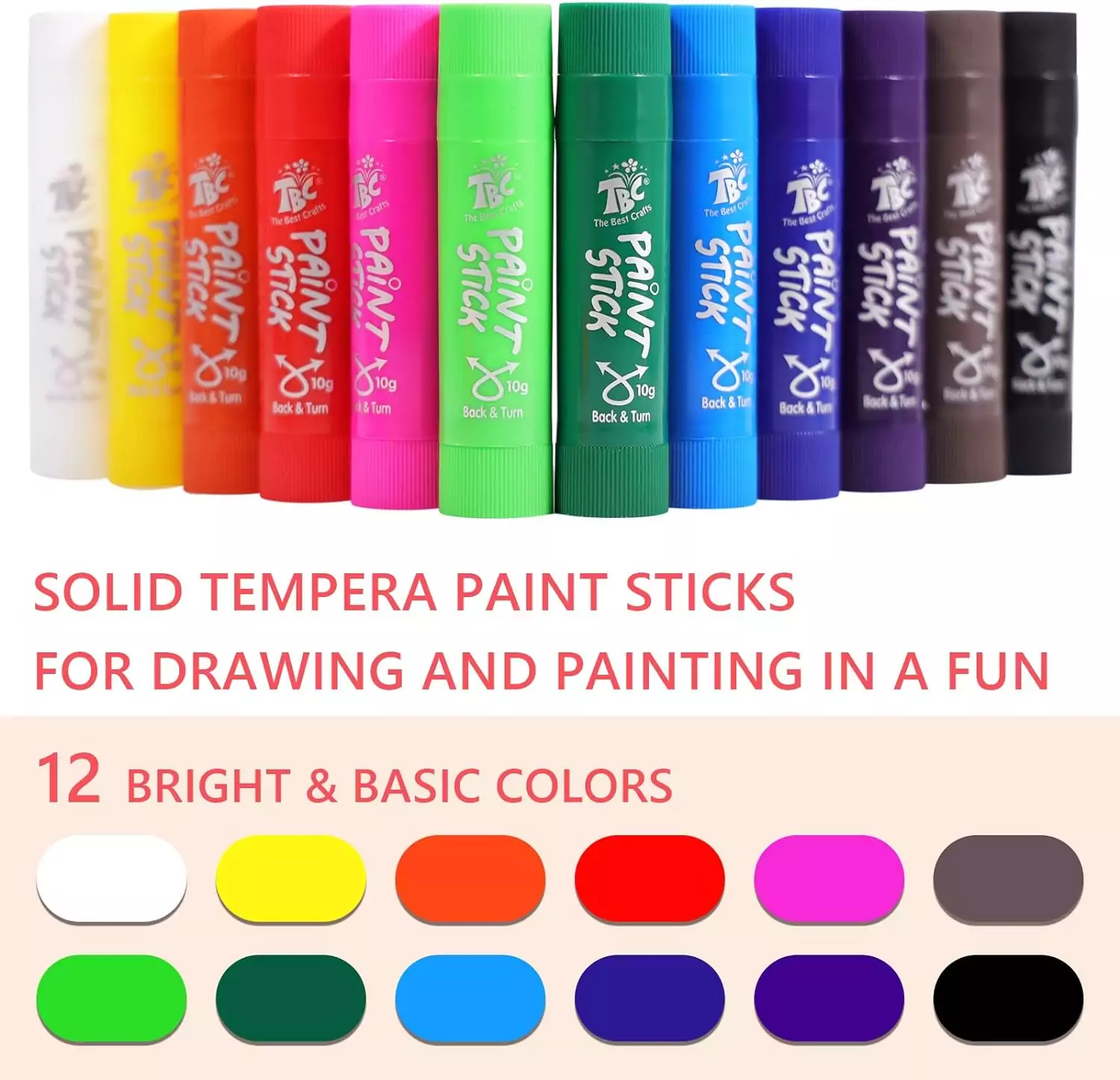 Washable non-toxic Tempera paint sticks in 12 classic colors, perfect for classroom activities and kids art projects. Safe and easy to use.