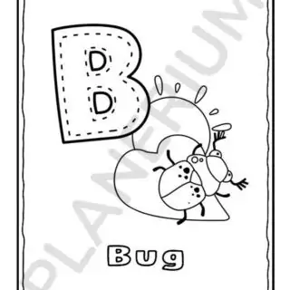 Vibrant Alphabet Coloring Poster for Kids featuring the letter B with a bug illustration, designed to enhance early learning and creativity.