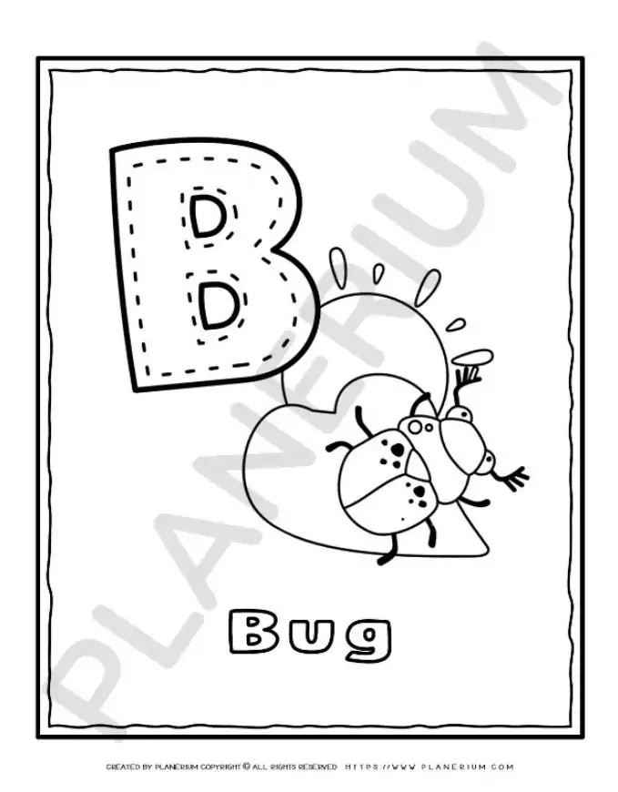 Vibrant Alphabet Coloring Poster for Kids featuring the letter B with a bug illustration, designed to enhance early learning and creativity.