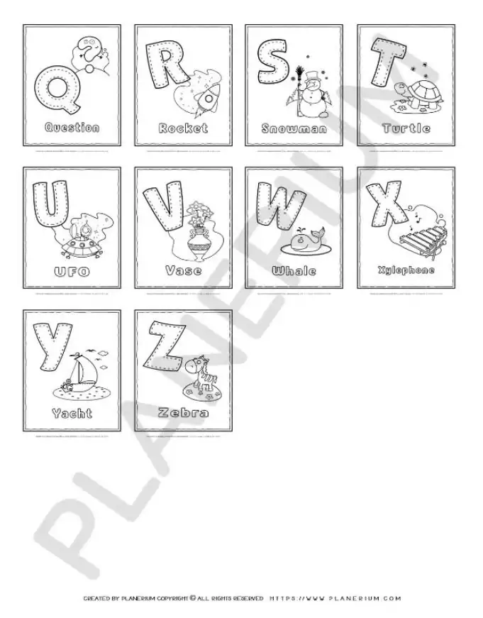 Alphabet Coloring Posters for Kids: Creative and Fun Educational Art Activity Featuring Letters Q to Z, Perfect for Enhancing Learning and Creativity.