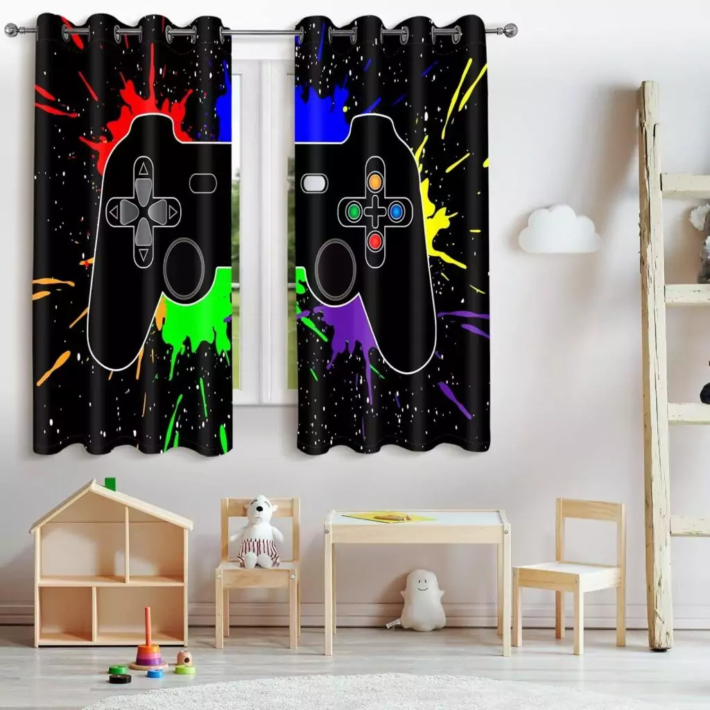 Vibrant gamepad blackout curtains perfect for kids and teens rooms, providing an energizing gaming atmosphere and effective light-blocking feature.
