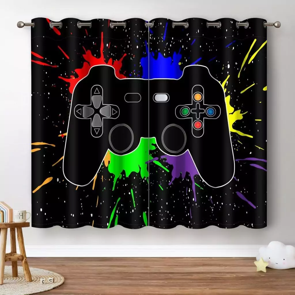 Stylish blackout curtains featuring a vibrant gamer gamepad design, perfect for enhancing kids' and teens' rooms with a modern, playful touch.