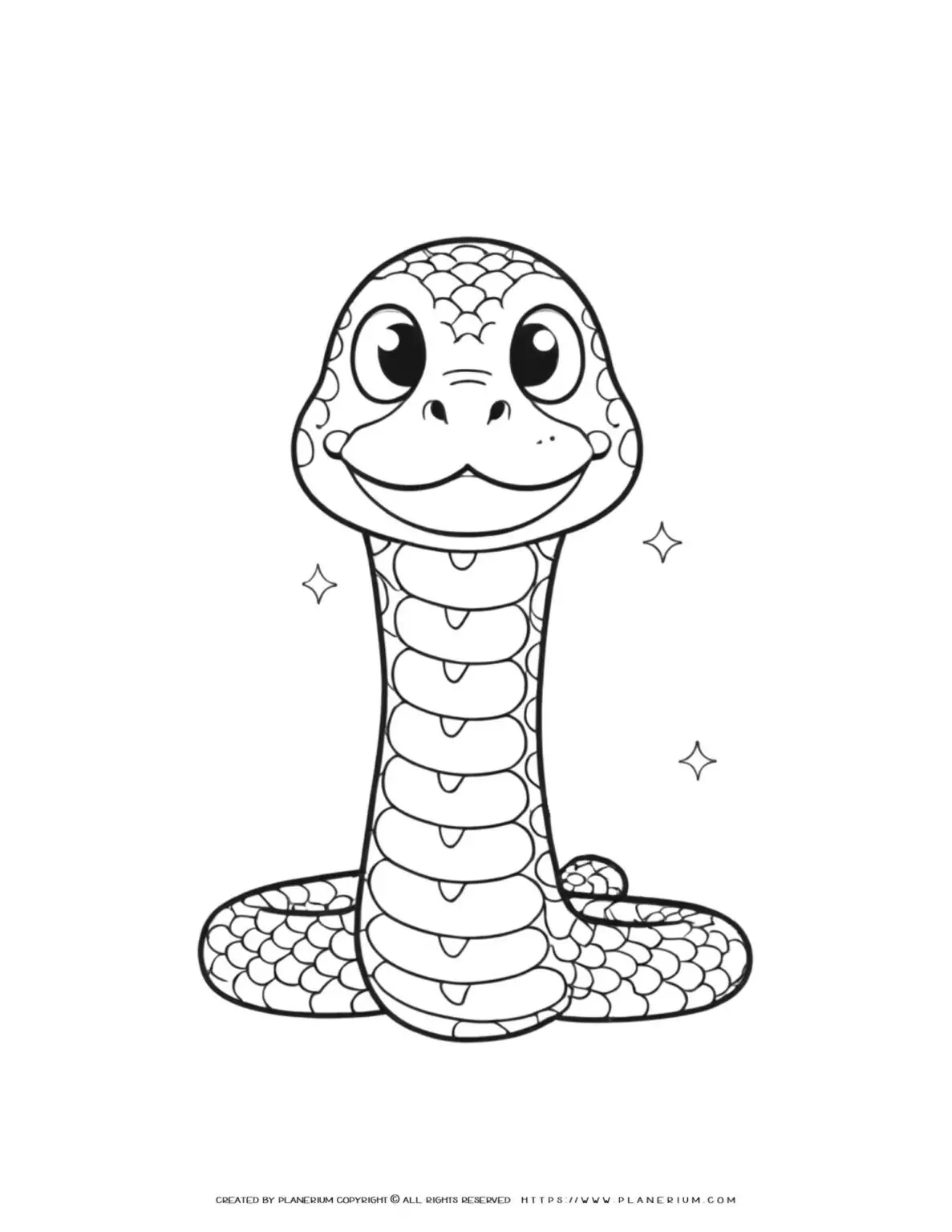 Front view coloring page of a playful, cute snake for kids, ideal for fun and creative activities, aiding in developing fine motor skills.